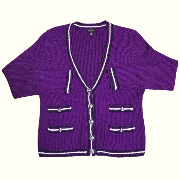 Talbots Women's V-Neck Cardigan - Texture Stripe Button Up Size Medium Petite - Picture 1 of 9